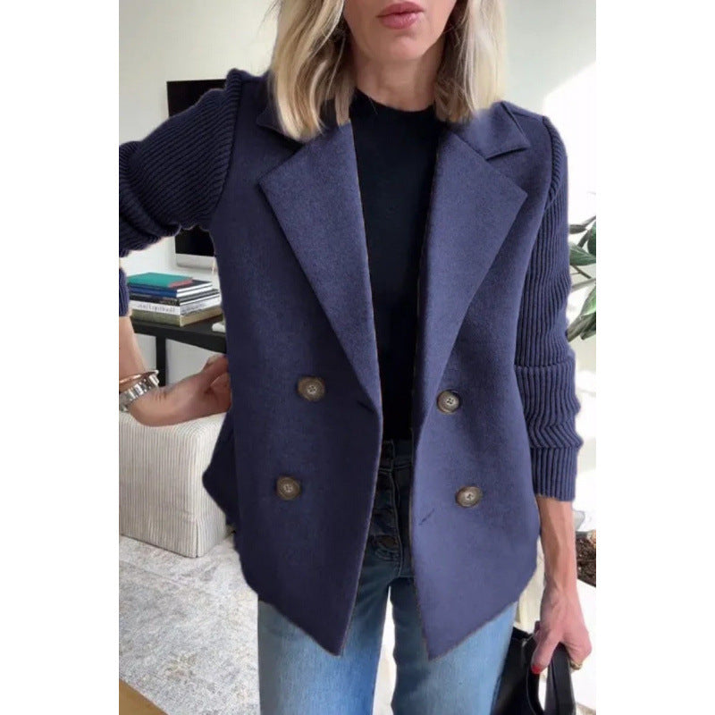 Knit Sleeve Double Breasted Blazer Jacket