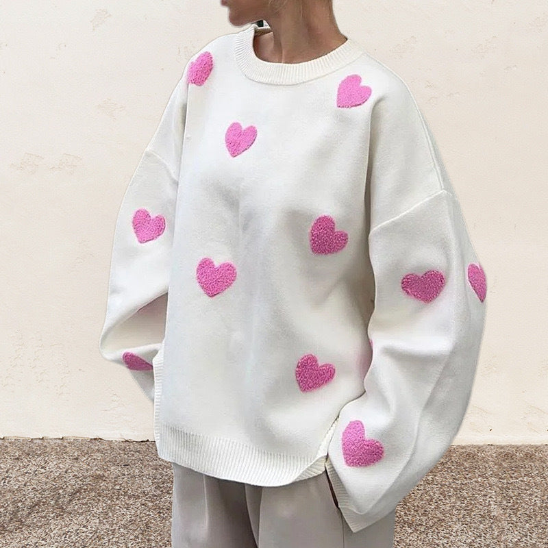 Women's Oversized Heart Embroidered Crewneck Sweater