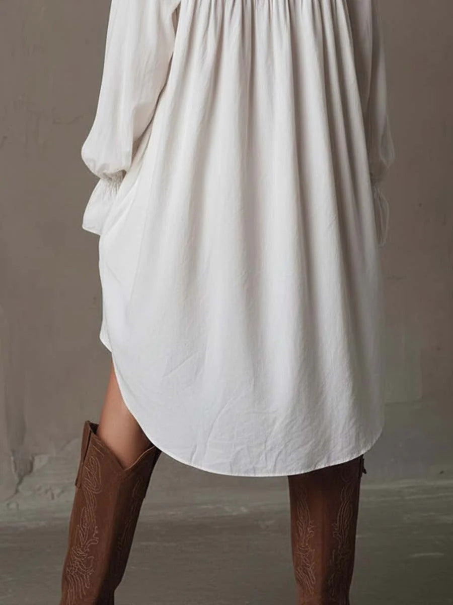 Boho White Lace Shirt Dress Button Down Flare Sleeve