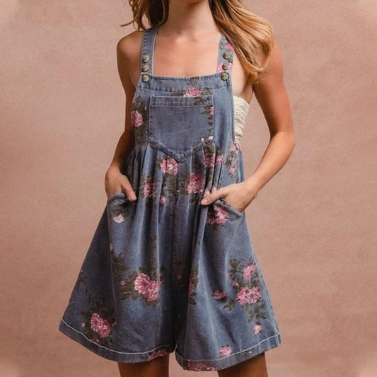 Floral Denim Overall Romper Loose Fit Summer Outfit
