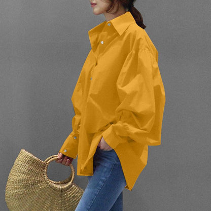 Women's Oversized Balloon Sleeve Collared Button-Up Blouse