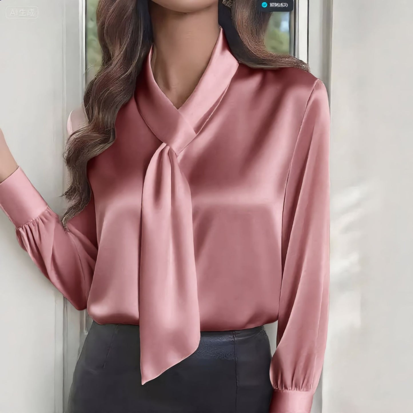 Satin Tie Neck Blouse Elegant Long Sleeve Top