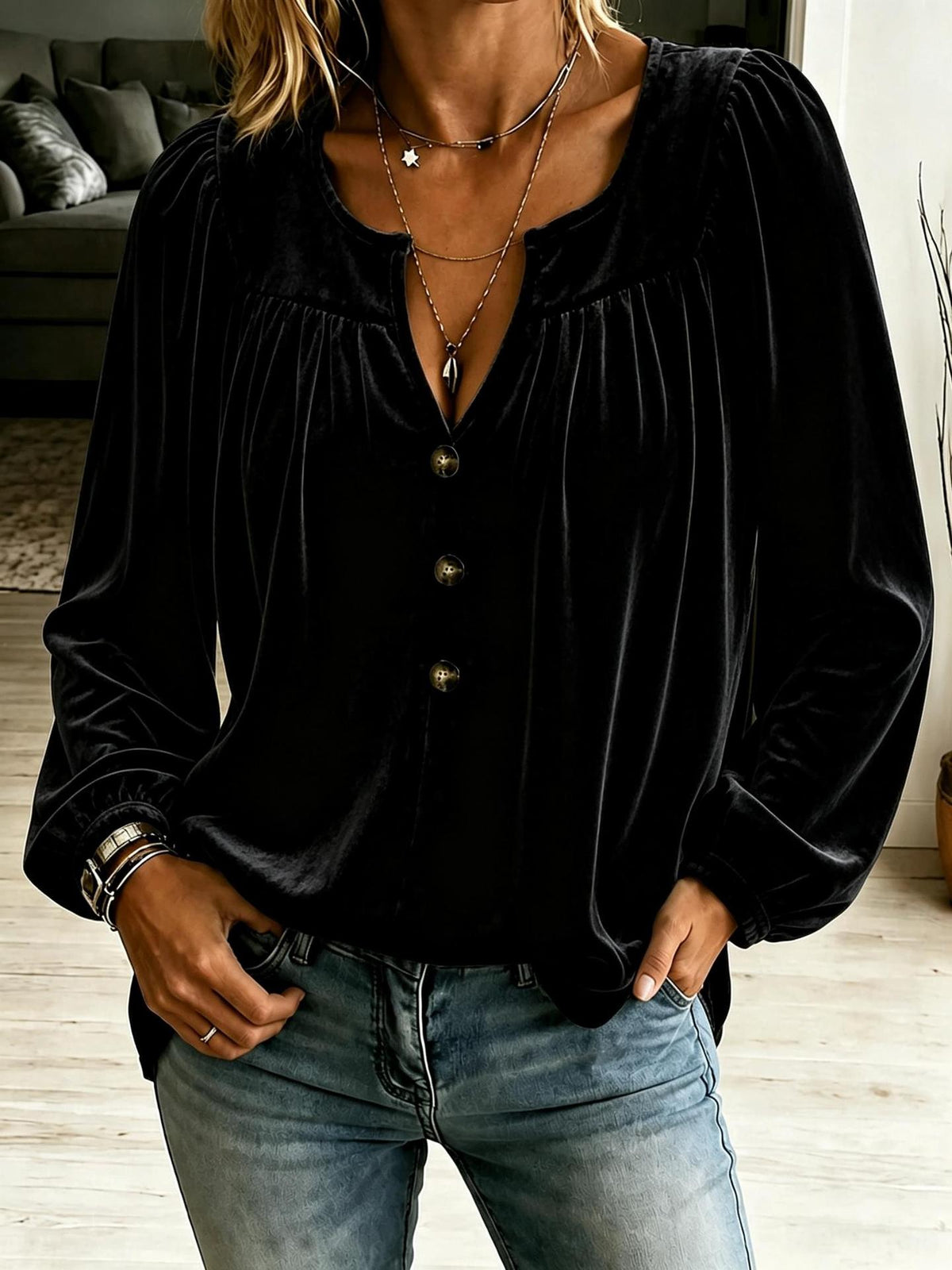 Women's Velvet V-Neck Balloon Sleeve Button Blouse