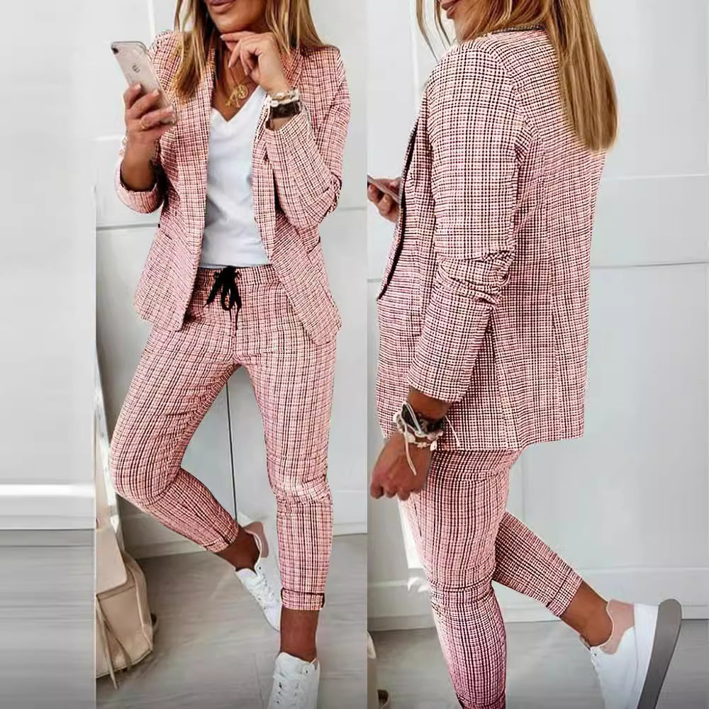 Women's Plaid Blazer Pants Set Casual Two Piece Suit