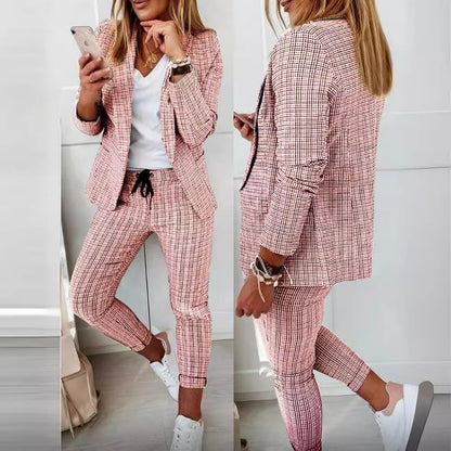 Women's Plaid Blazer Pants Set Casual Two Piece Suit