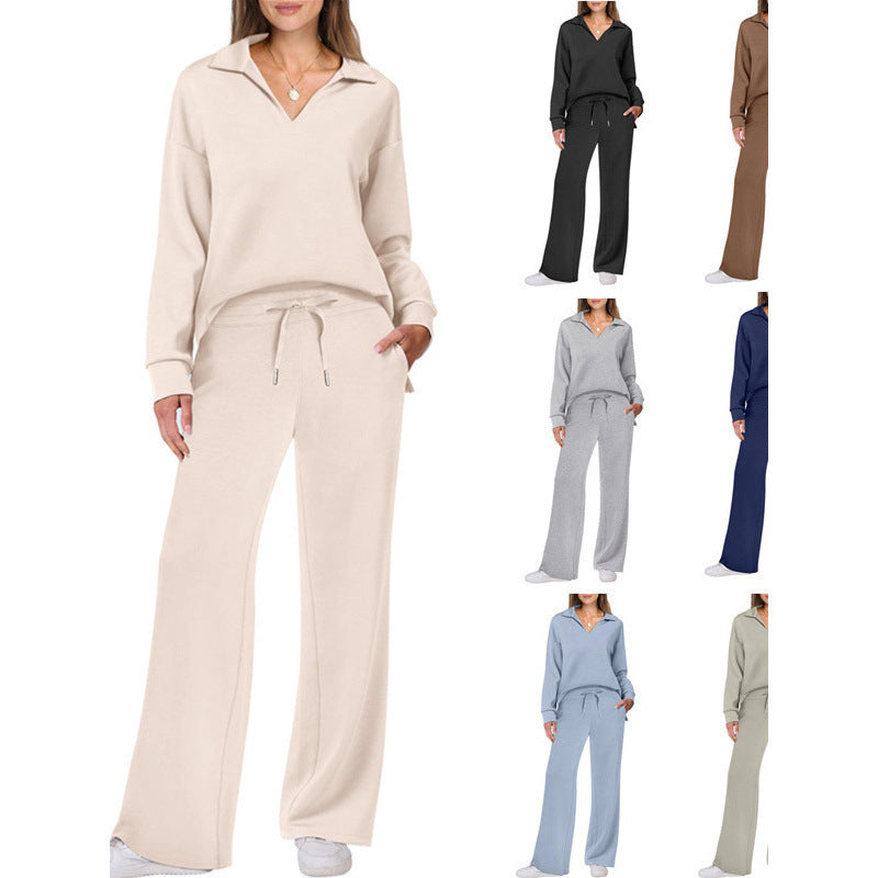 Women's 2 Piece Lounge Set Collared Top Wide Leg Pants