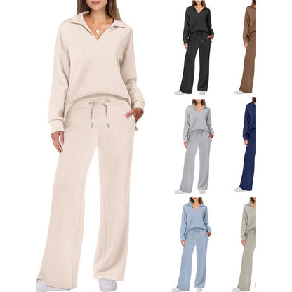 Women's 2 Piece Lounge Set Collared Top Wide Leg Pants