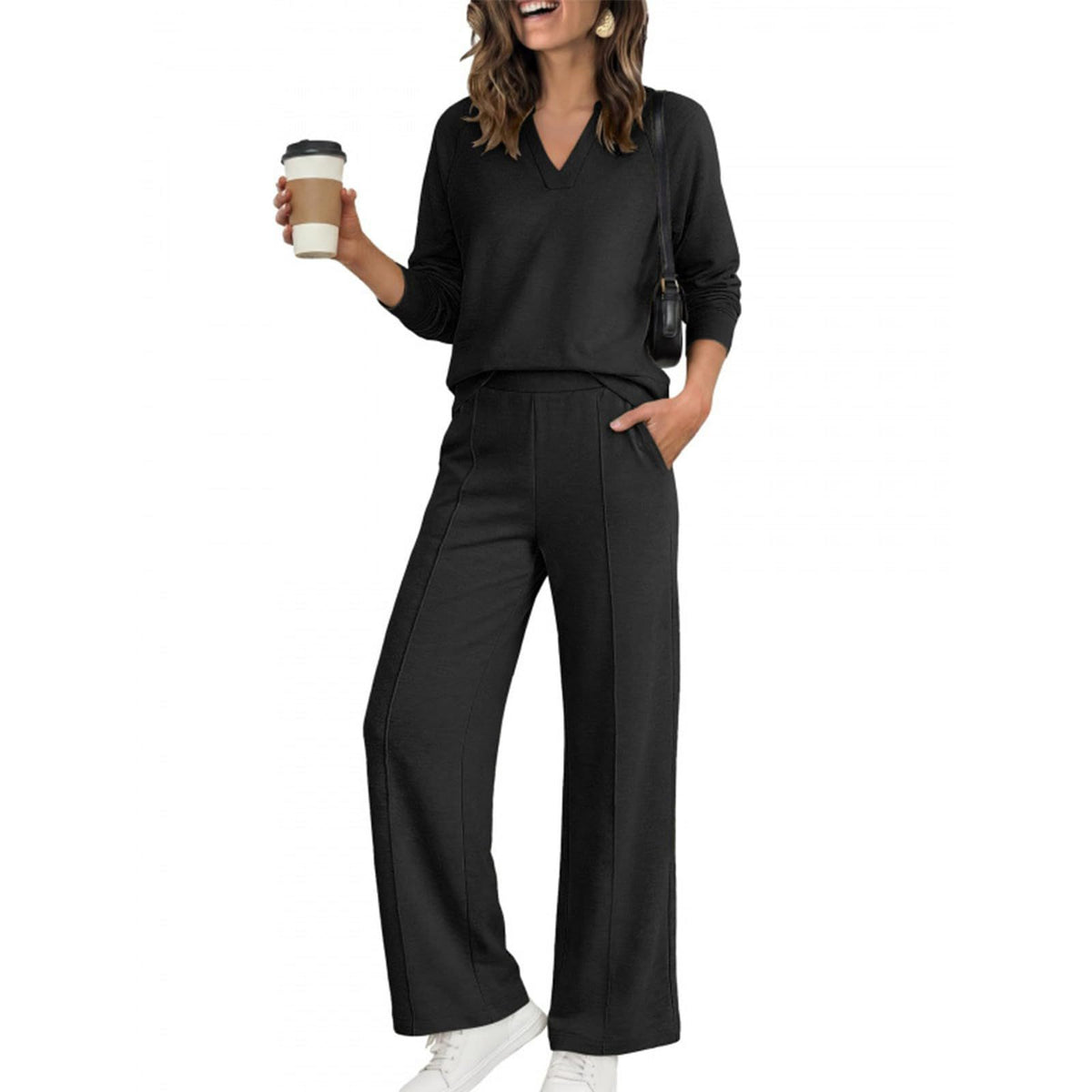Women's V-Neck Top Wide Leg Pants 2 Piece Set