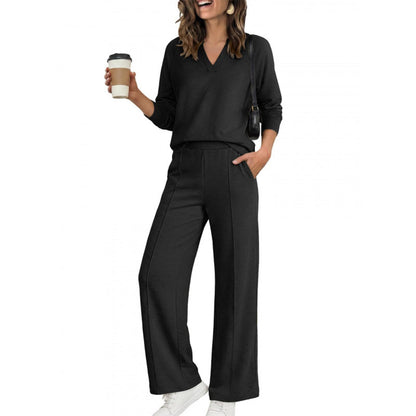 Women's V-Neck Top Wide Leg Pants 2 Piece Set