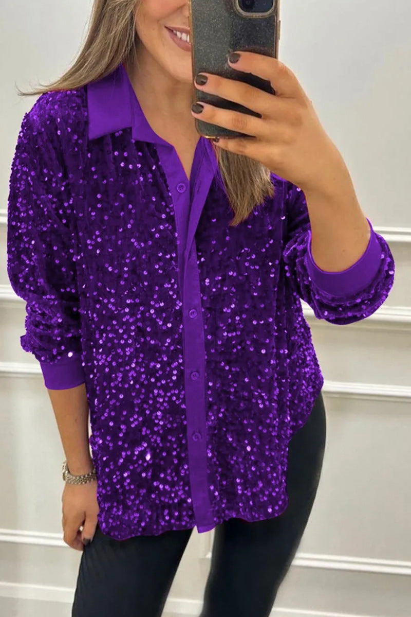 Women's Sequin Long Sleeve Button Down Collared Shirt