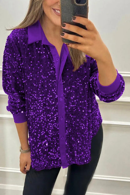 Women's Sequin Long Sleeve Button Down Collared Shirt