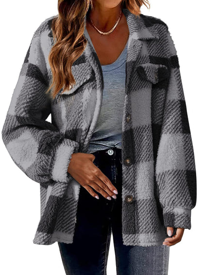 Women's Plaid Sherpa Shacket Button Down Fleece Jacket