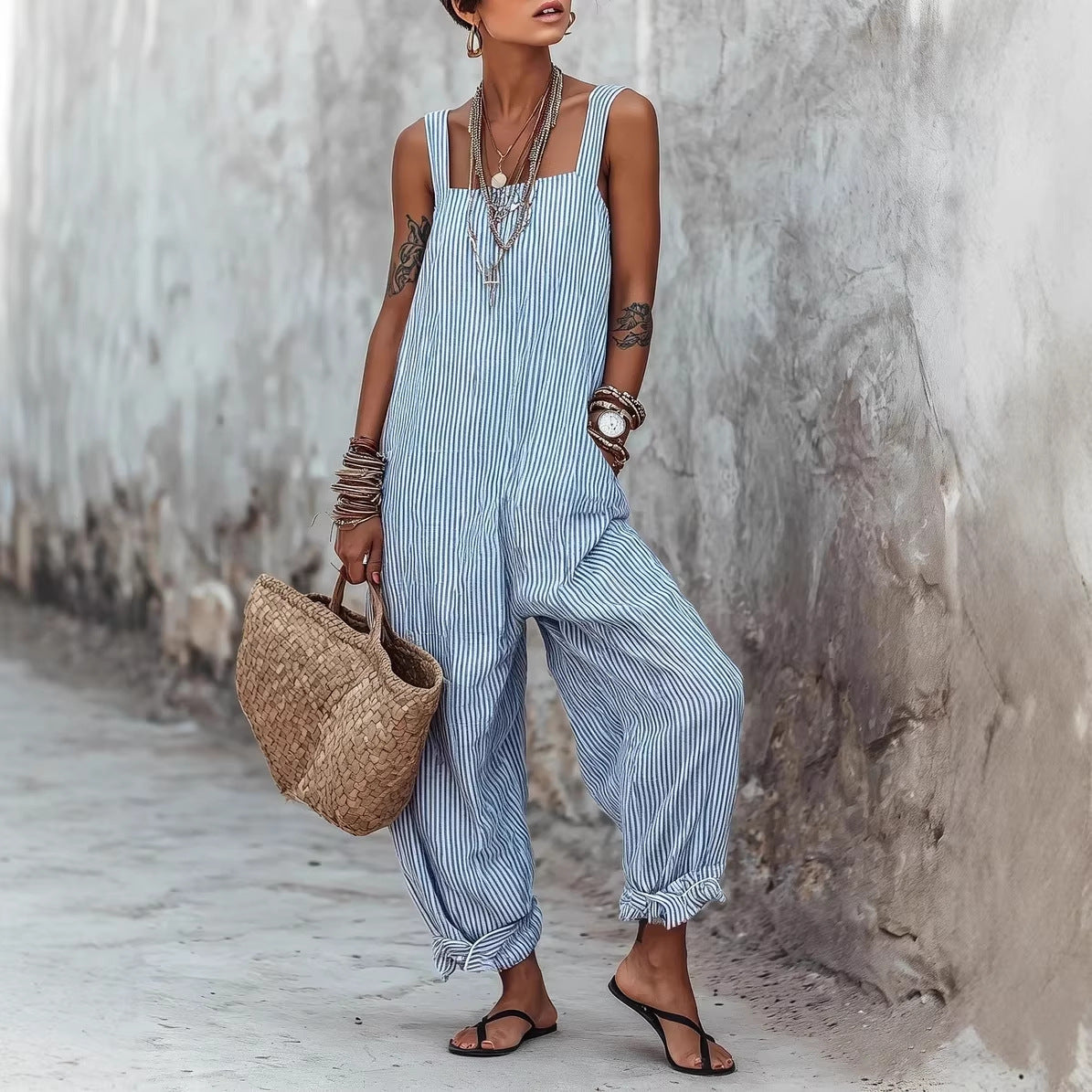 Women Striped Wide Leg Jumpsuit Casual Summer Boho
