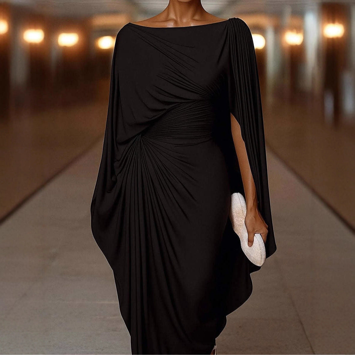 Women's Boat Neck Ruched Batwing Sleeve Maxi Dress