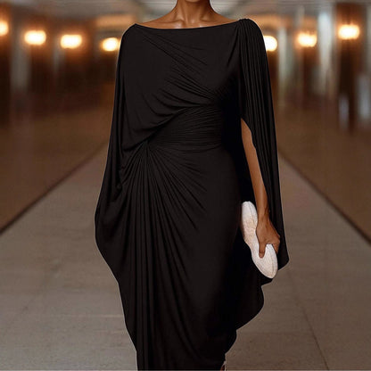 Women's Boat Neck Ruched Batwing Sleeve Maxi Dress