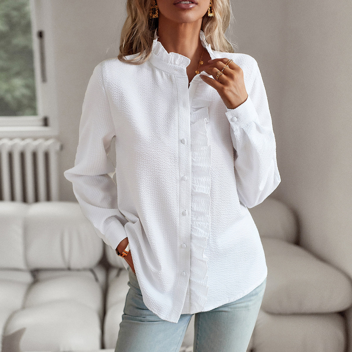 Women's Striped Ruffle Button Down Blouse Long Sleeve