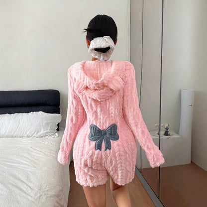 Women's Fuzzy Hooded Sherpa Romper with Bow Back