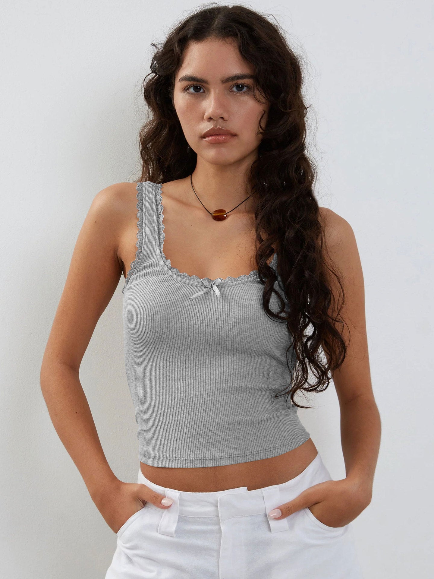 Ribbed Lace Trim Cami Top Slim Fit Cropped Tank