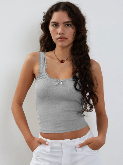 Ribbed Lace Trim Cami Top Slim Fit Cropped Tank