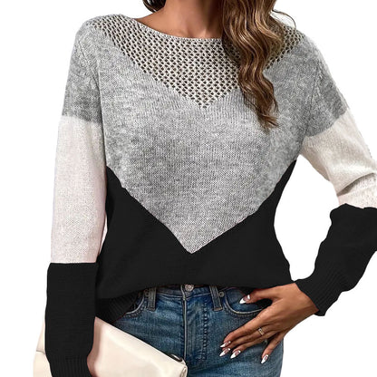 Colorblock Pointelle Crew Neck Long Sleeve Sweater