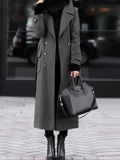Womens Long Lapel Coat Double Breasted Winter Overcoat