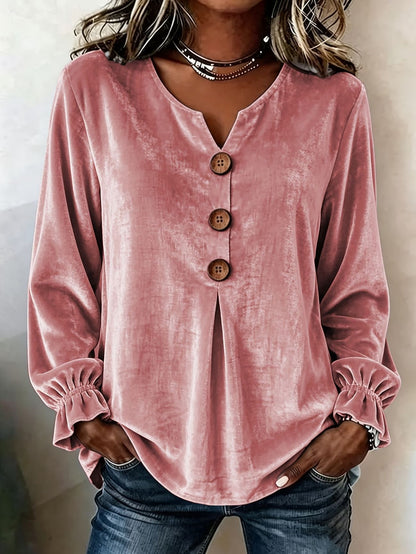 Women's Boho Velvet V-Neck Button Bell Sleeve Blouse