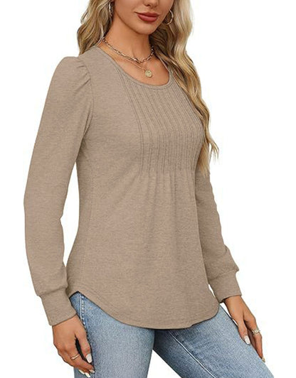 Solid Cotton Pintuck Blouse Long Sleeve Work Top