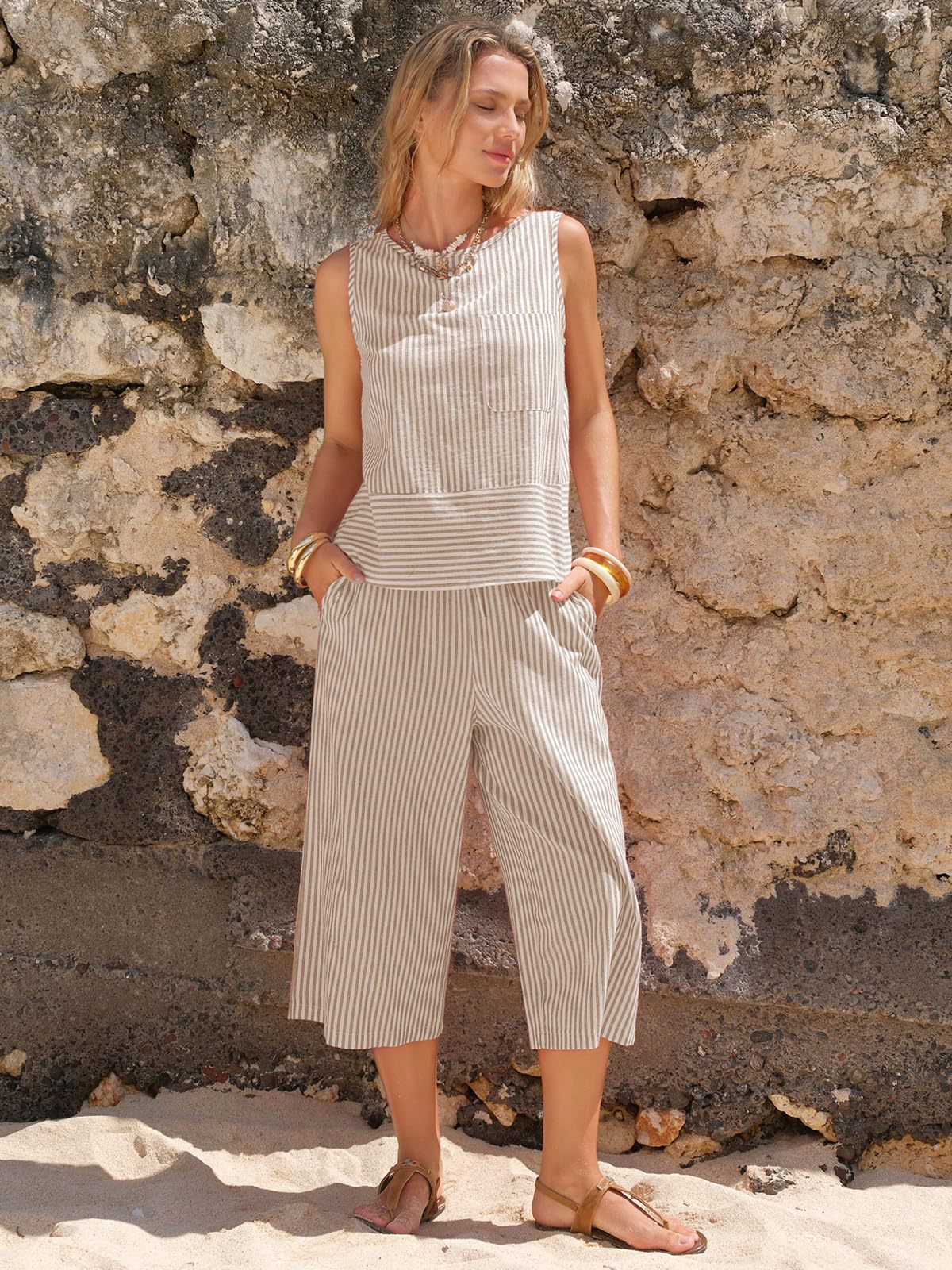 Striped Cotton Matching Set Sleeveless Top Capri Pants Casual