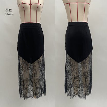 Women's Lace Panel Asymmetrical Bodycon Midi Skirt