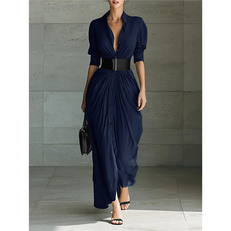 Collared Belted Maxi Shirt Dress Long Sleeve