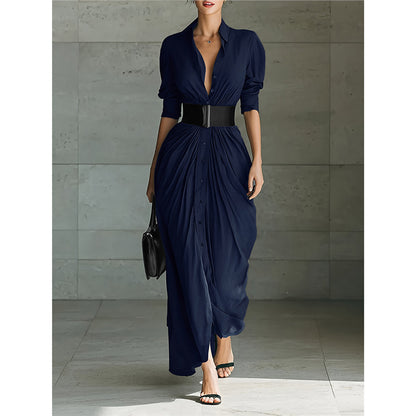 Collared Belted Maxi Shirt Dress Long Sleeve