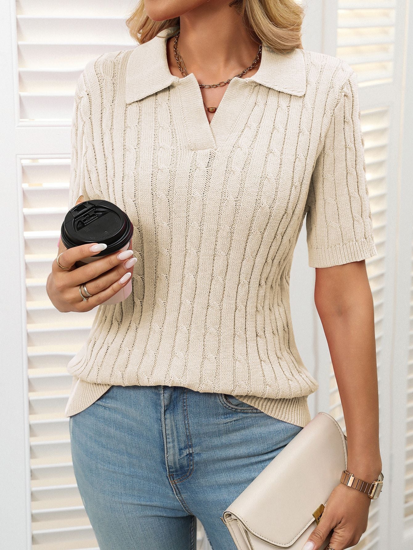 V-neck Twisted Knit Jumper, Short-Sleeve Lapel Sweater