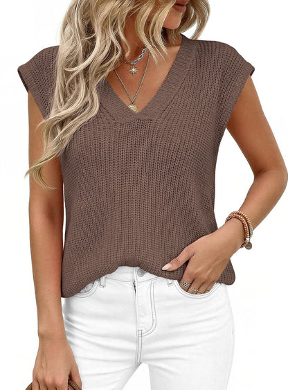 V Neck Knit Sweater Vest Sleeveless Loose Summer Top