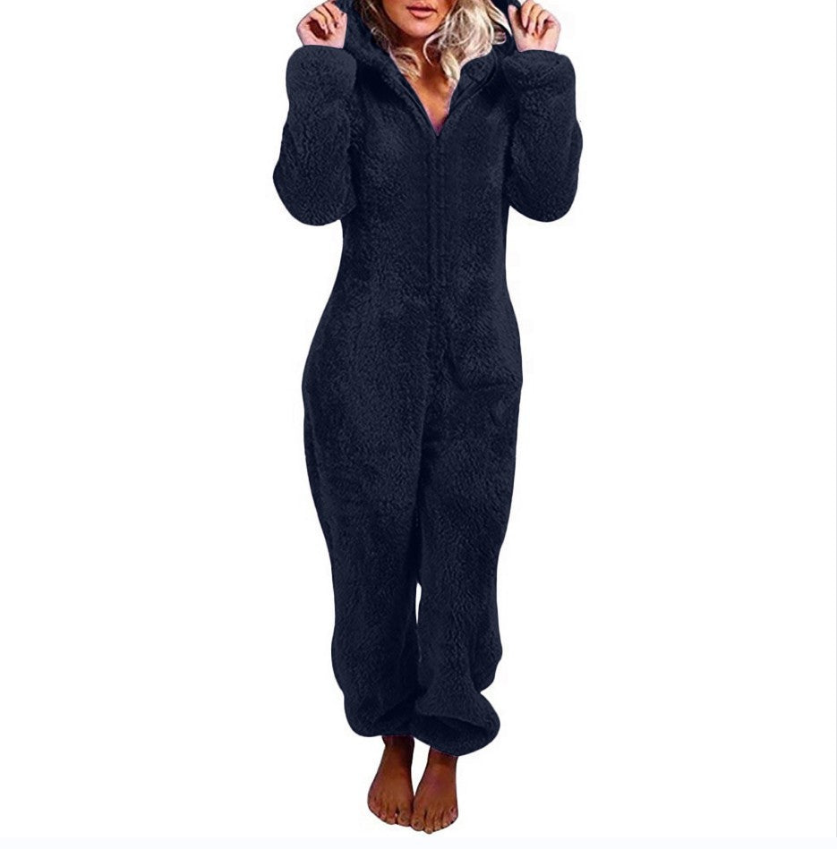 Women Sherpa Fleece Hooded Zip Up Jumpsuit