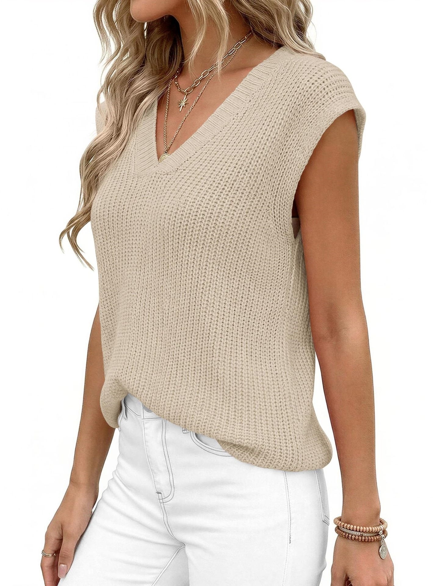 V Neck Knit Sweater Vest Sleeveless Loose Summer Top