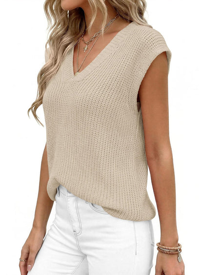 V Neck Knit Sweater Vest Sleeveless Loose Summer Top