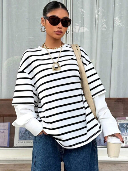 Striped layered look top relaxed long sleeve