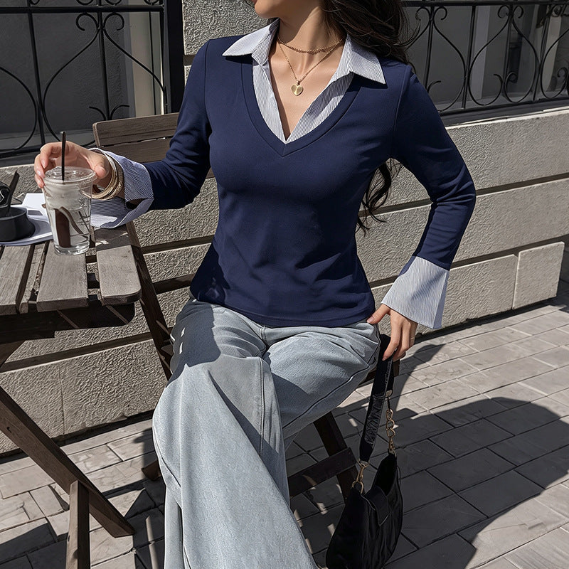 Layered Look V Neck Top Striped Collar Flare Sleeve
