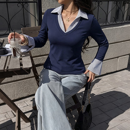 Layered Look V Neck Top Striped Collar Flare Sleeve