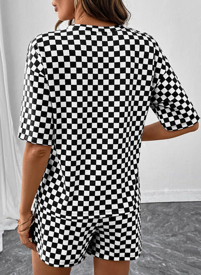 Rose Red Checkerboard Tee and Drawstring Shorts Set