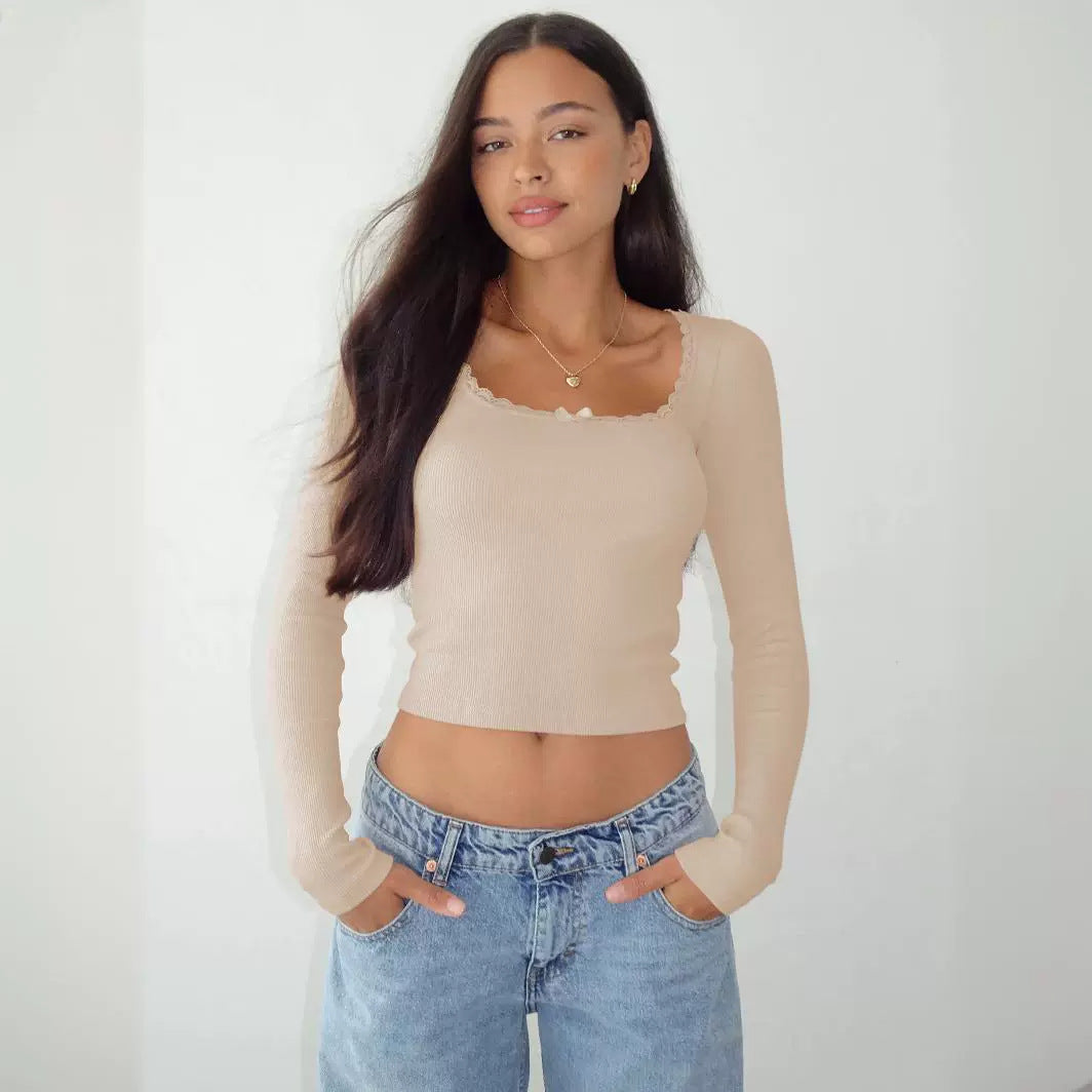 Slim Lace Splicing U-neck Long Sleeve Top - Trendy T-shirt