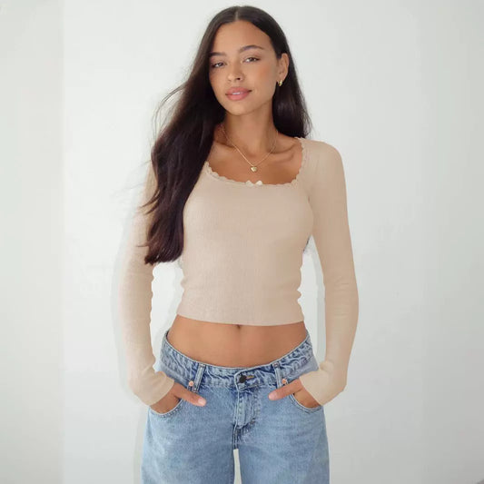 Slim Lace Splicing U-neck Long Sleeve Top - Trendy T-shirt