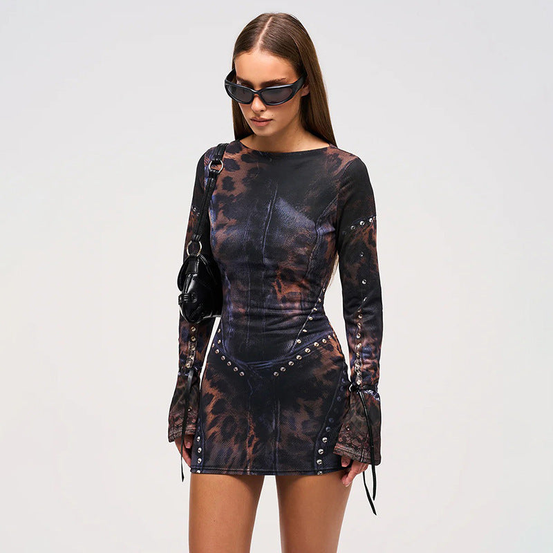 Women's Y2K Printed Long Sleeve Bodycon Mini Dress