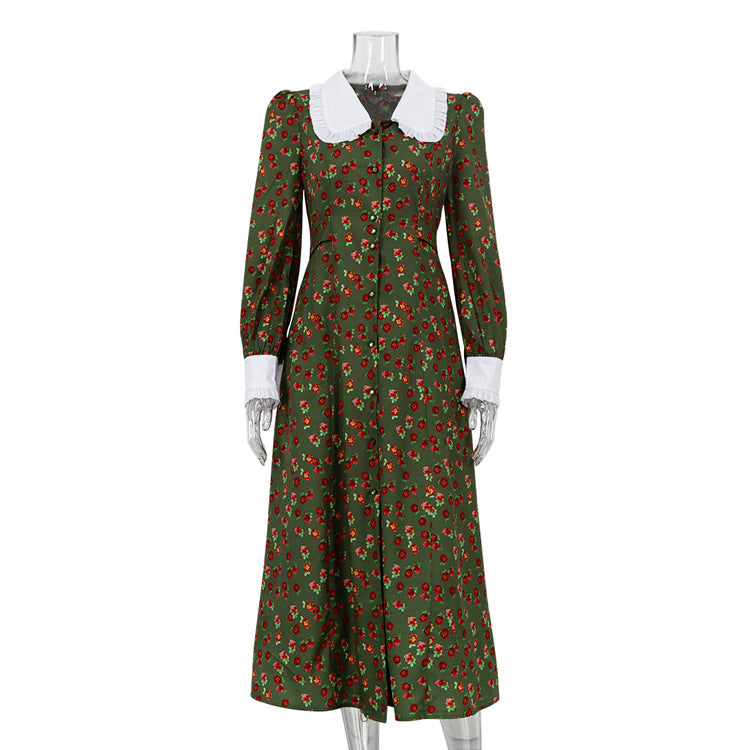Floral Maxi Dress Long Sleeve Peter Pan Collar Button Front