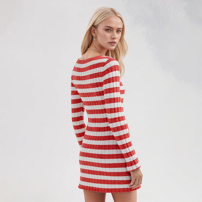 Striped Knit Sweater Dress Crew Neck Long Sleeve Mini Dress