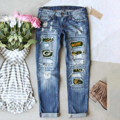 Customizable Distressed Patchwork Ripped Denim Jeans for Women