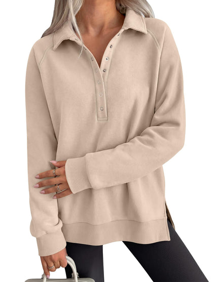 Women's Oversized Collared Button Pullover Sweatshirt