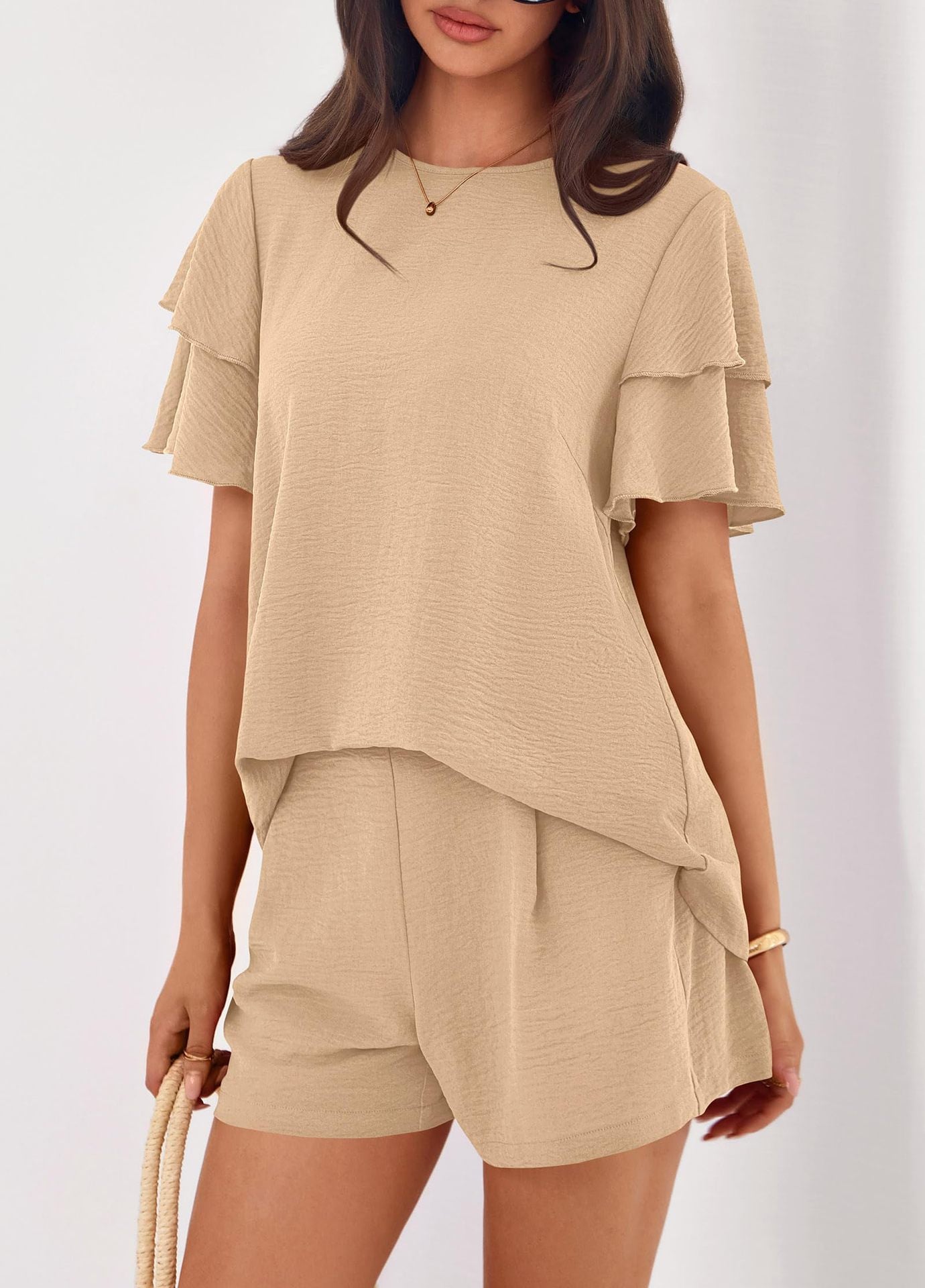 Solid Lounge Set Ruffle Sleeve Top Shorts 2 Piece Set