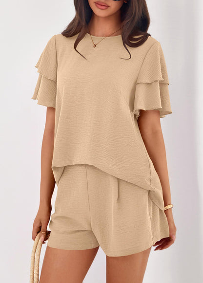 Solid Lounge Set Ruffle Sleeve Top Shorts 2 Piece Set