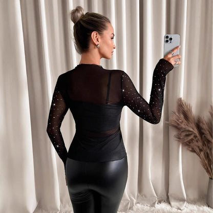 Sheer Mesh Rhinestone Long Sleeve Mock Neck Party Top